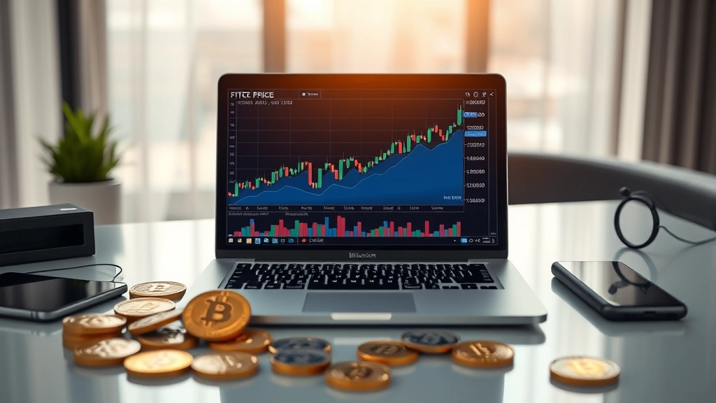 Photorealistic image of a laptop displaying a Bitcoin price chart with candlesticks and upward trending line, surrounded by cryptocurrency coins on a modern desk with soft lighting