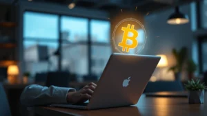 Persona usando laptop segura con icono de candado brillante, Bitcoin digital flotando, ambiente profesional de oficina, luz azul cálida, sin texto