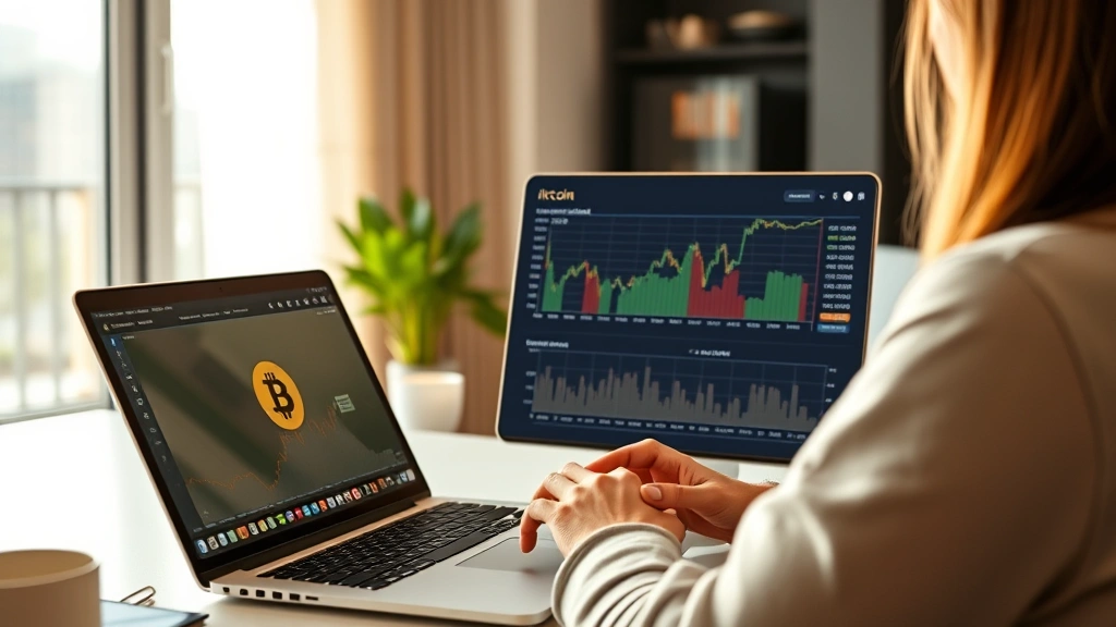 Persona usando laptop moderna revisando gráfico de Bitcoin en plataforma de intercambio, oficina minimalista con luz natural, pantalla mostrando datos de criptomonedas