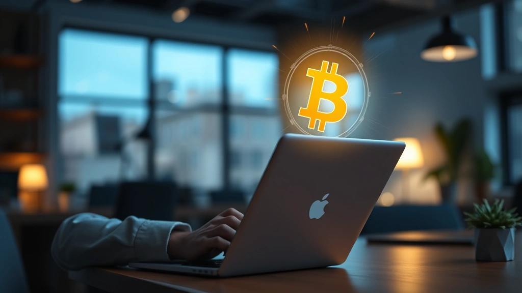 Persona usando laptop segura con icono de candado brillante, Bitcoin digital flotando, ambiente profesional de oficina, luz azul cálida, sin texto