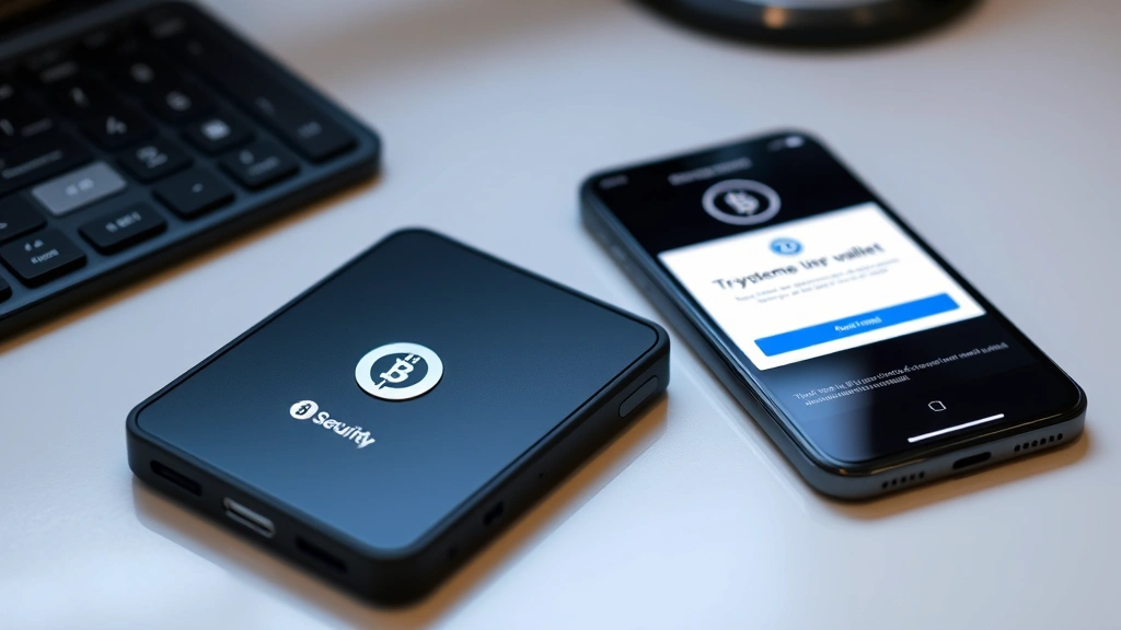 Secure hardware wallet device sitting on desk next to smartphone with authentication app, representing cryptocurrency security and two-factor verification, professional minimalist setup, photorealistic