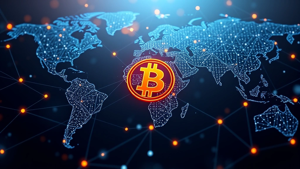 Photorealistic visualization of Bitcoin blockchain network nodes connecting globally, showing digital pathways and data transmission, cryptocurrency ecosystem concept