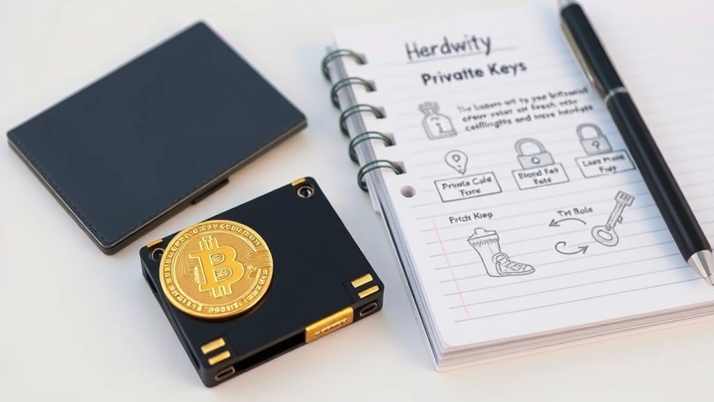Photorealistic photograph of a hardware wallet device next to a notebook with security concepts, representing Bitcoin storage and private key management on a clean workspace