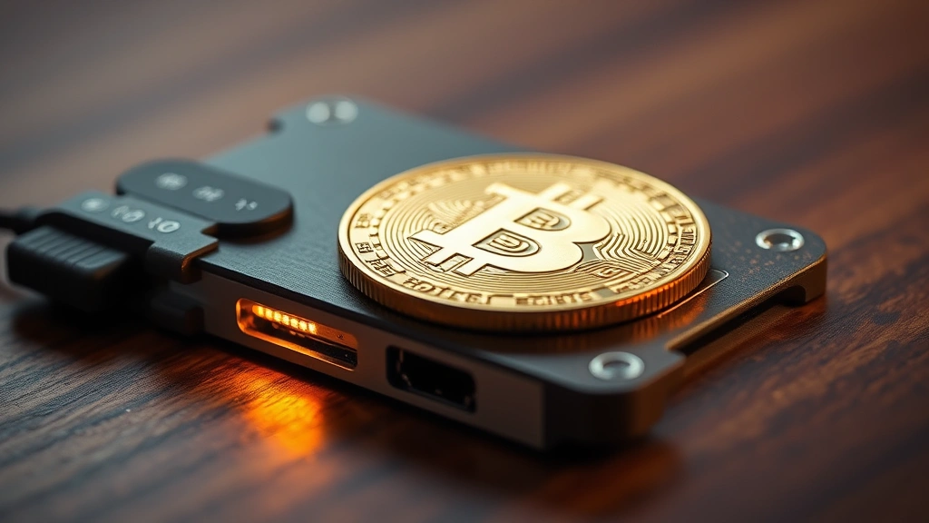 Billetera física de hardware Ledger junto a moneda Bitcoin dorada sobre escritorio de madera, luz ambiente cálida, enfoque en seguridad y protección digital