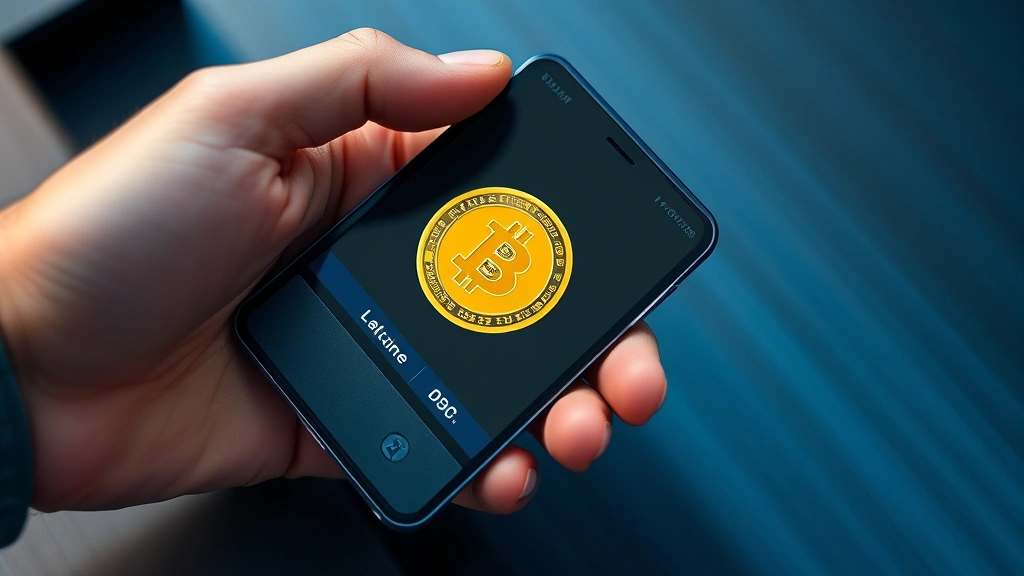 Billetera hardware Ledger o Trezor en mano, pantalla de smartphone mostrando saldo de Bitcoin, fondo desenfocado de oficina moderna, colores azul y plateado, sin números ni texto