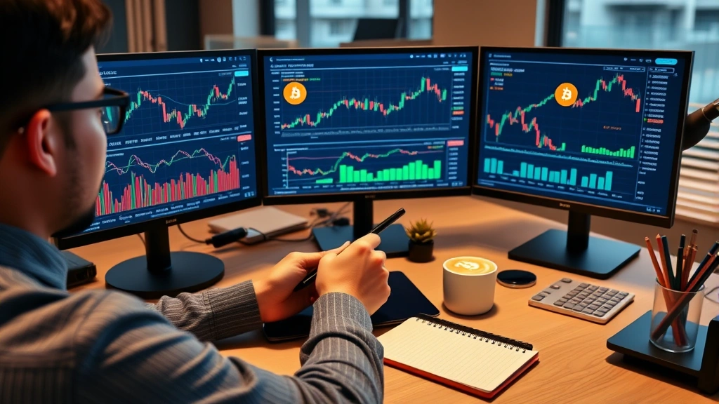 Person reviewing portfolio on multiple screens showing Bitcoin charts and investment tracking, sitting at desk with notepad and coffee, focused expression, modern financial workspace photorealistic