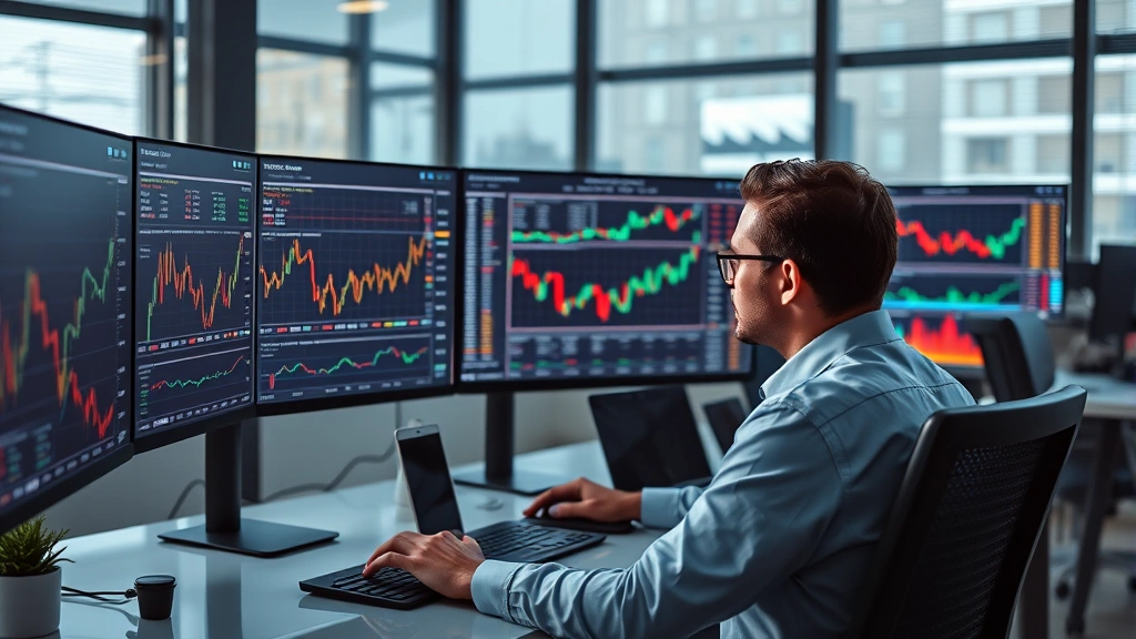 Photorealistic image of a person reviewing investment portfolio on multiple computer screens showing cryptocurrency charts and market data in professional office environment