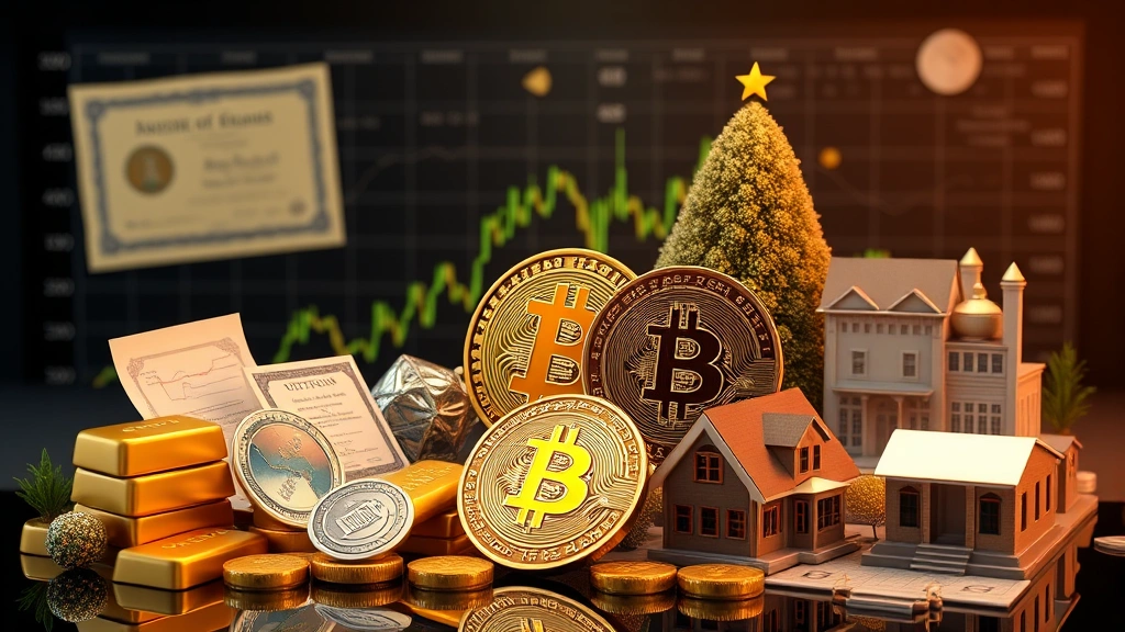 Photorealistic image of a diversified portfolio visualization showing Bitcoin alongside traditional assets like gold bars, stock certificates, and real estate, symbolizing balanced investment allocation