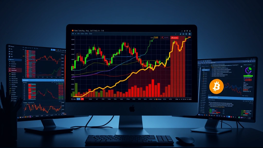 Gráfico de velas de Bitcoin ascendente en pantalla de computadora de escritorio, múltiples pantallas mostrando análisis técnico, ambiente de trading profesional