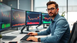 Professional cryptocurrency trader at modern desk with multiple monitors displaying Bitcoin charts and Bit2Me exchange interface, bright office lighting, focused expression, hands near keyboard