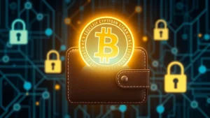 Digital wallet interface showing cryptocurrency balance, Bitcoin symbol glowing, secure blockchain network background with lock icons