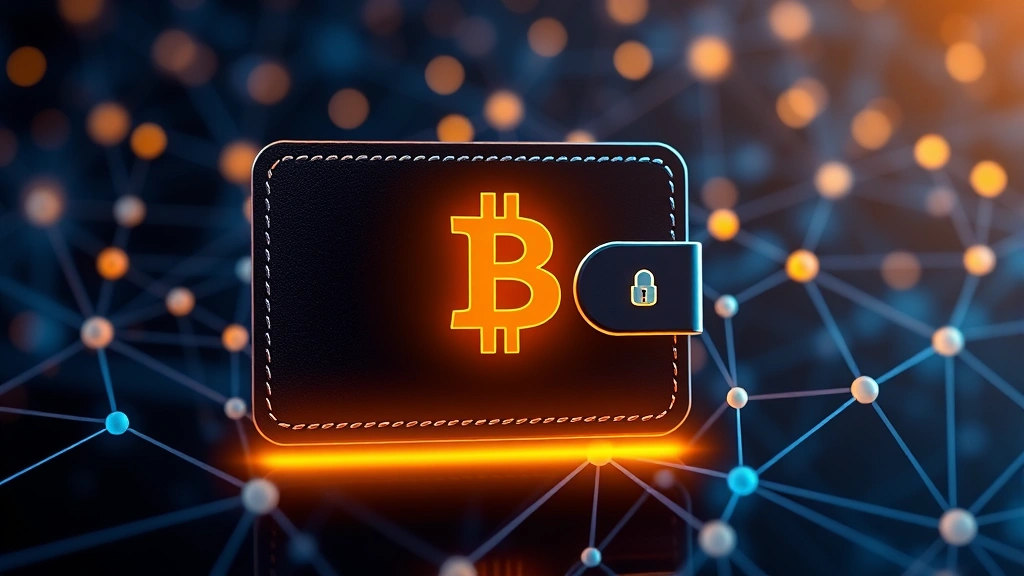 Secure digital wallet visualization with Bitcoin symbol glowing, blockchain network nodes connecting in background, modern cybersecurity aesthetic, blue and gold color palette, no text visible