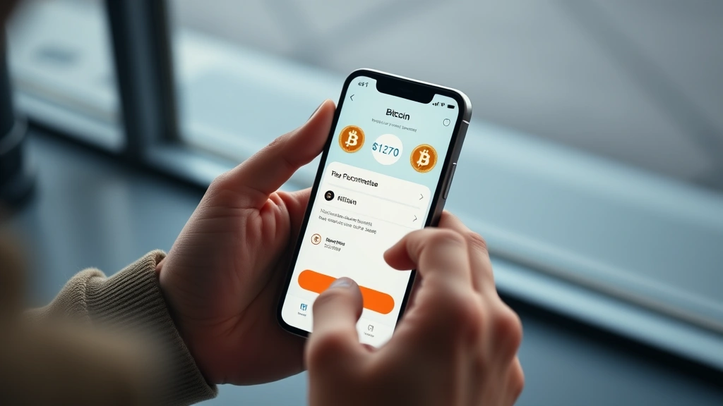 Person using smartphone to complete Bitcoin purchase, payment confirmation screen visible, modern fintech app design with security badges