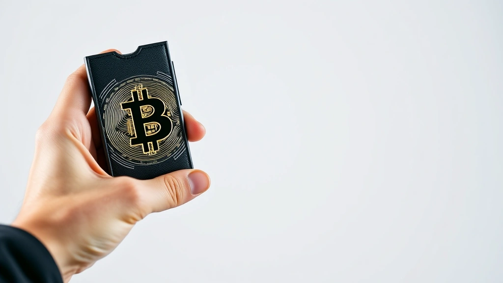 Person holding hardware crypto wallet device with Bitcoin logo, professional studio lighting, clean minimalist background, secure and trustworthy atmosphere, close-up detail shot