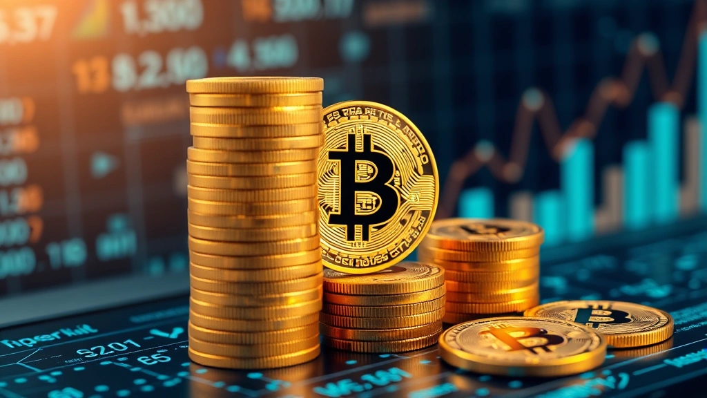 Bitcoin cryptocurrency coins stacked on digital ledger, blockchain nodes connecting in background, financial growth chart elements, professional tech environment