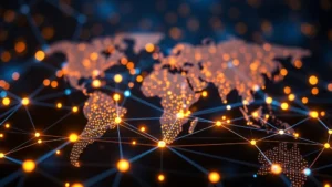 Photorealistic digital visualization of Bitcoin blockchain network nodes glowing in blue and gold, interconnected lines showing data flow across global distributed ledger infrastructure