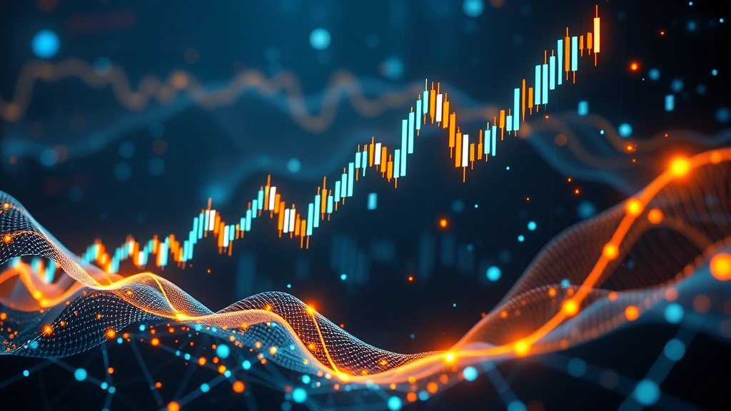 Photorealistic visualization of cryptocurrency trading data flowing through digital space with ascending candlestick patterns and glowing network nodes, symbolizing market analysis and price movements