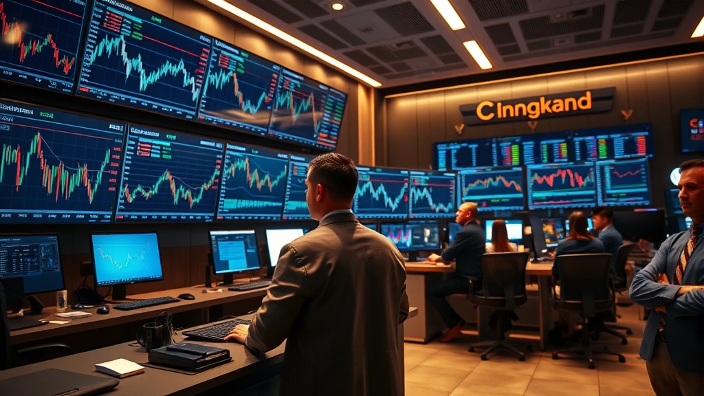 Professional photograph of modern financial trading floor with multiple high-resolution monitors displaying cryptocurrency market charts and data analytics, traders in business attire analyzing information