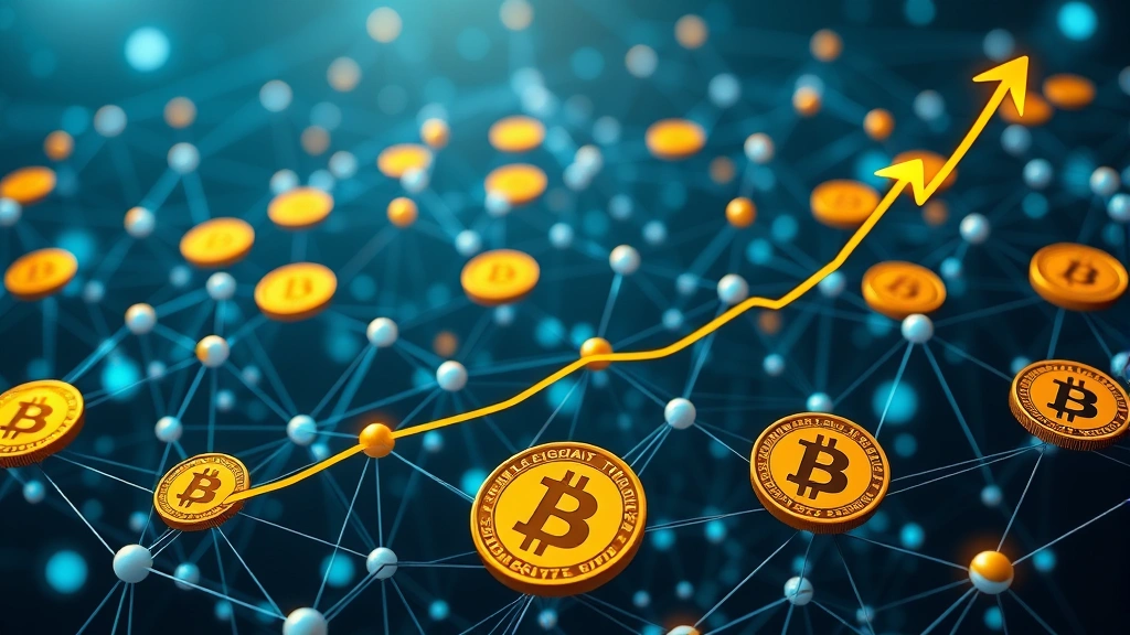 Photorealistic image showing interconnected blockchain nodes and Bitcoin tokens with upward trajectories, representing institutional adoption and market growth in cryptocurrency ecosystem