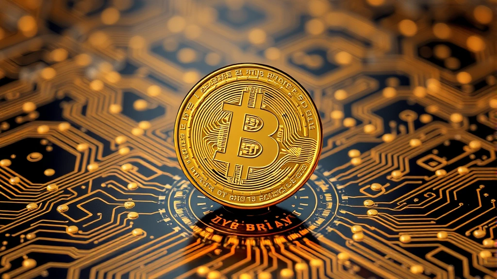 Photorealistic 3D rendering of Bitcoin coin in metallic gold and silver colors floating above circuit board patterns with flowing digital data streams and network connections in background