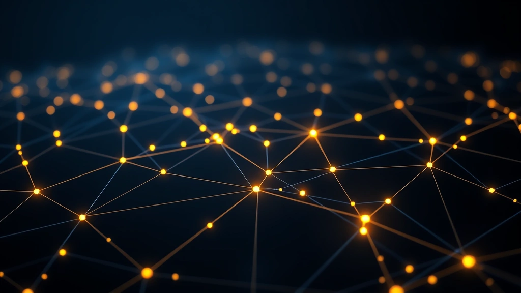 A sleek digital visualization of Bitcoin blockchain network nodes connecting across a dark blue background, with golden light trails showing data flowing between nodes, representing decentralized security and network resilience