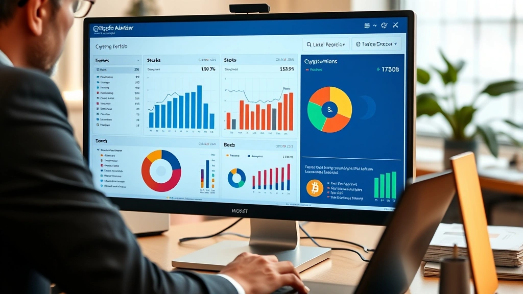 A professional financial advisor reviewing cryptocurrency portfolio allocation charts on a modern computer screen with Bitcoin, stocks, and bonds diversification pie charts visible, warm office lighting