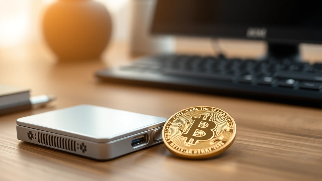 A close-up photo of a hardware cryptocurrency wallet device next to a physical Bitcoin coin on a wooden desk with soft natural lighting, symbolizing secure storage and asset protection