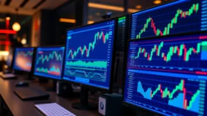Photorealistic image of multiple computer monitors displaying cryptocurrency market charts and Bitcoin trading data in a professional trading environment with blue and green candlestick patterns visible