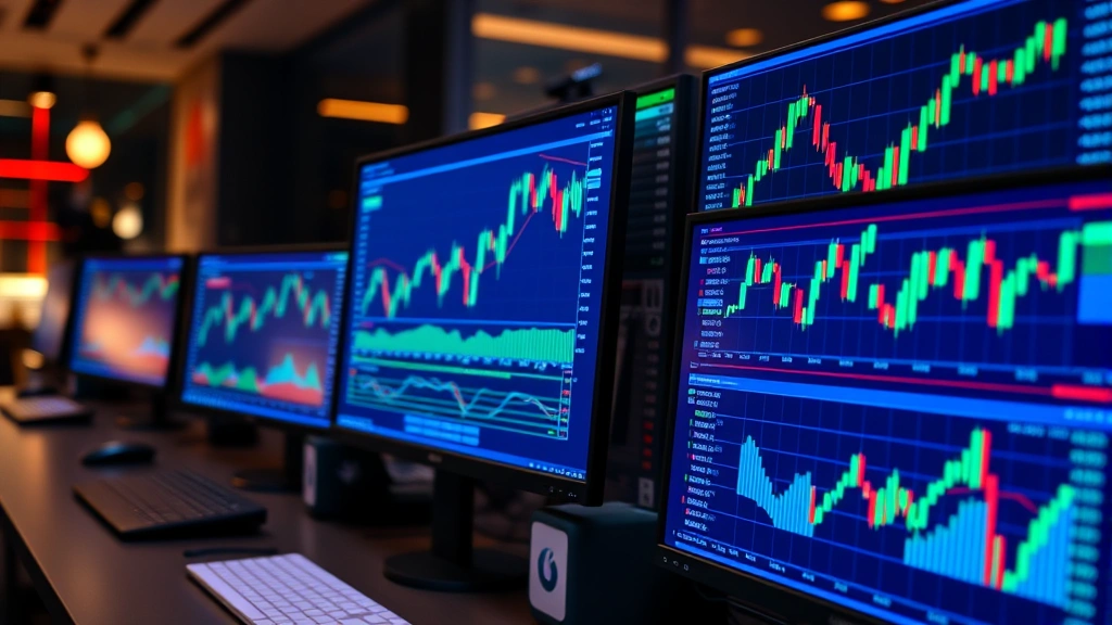 Photorealistic image of multiple computer monitors displaying cryptocurrency market charts and Bitcoin trading data in a professional trading environment with blue and green candlestick patterns visible