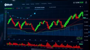 A sleek, modern cryptocurrency trading dashboard displaying Bitcoin price charts with green and red candles, featuring holographic elements and digital networks in the background, professional and futuristic aesthetic