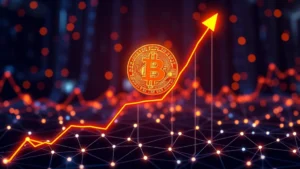 Digital visualization of Bitcoin price chart showing upward trajectory with blockchain network nodes glowing in background, representing cryptocurrency market growth