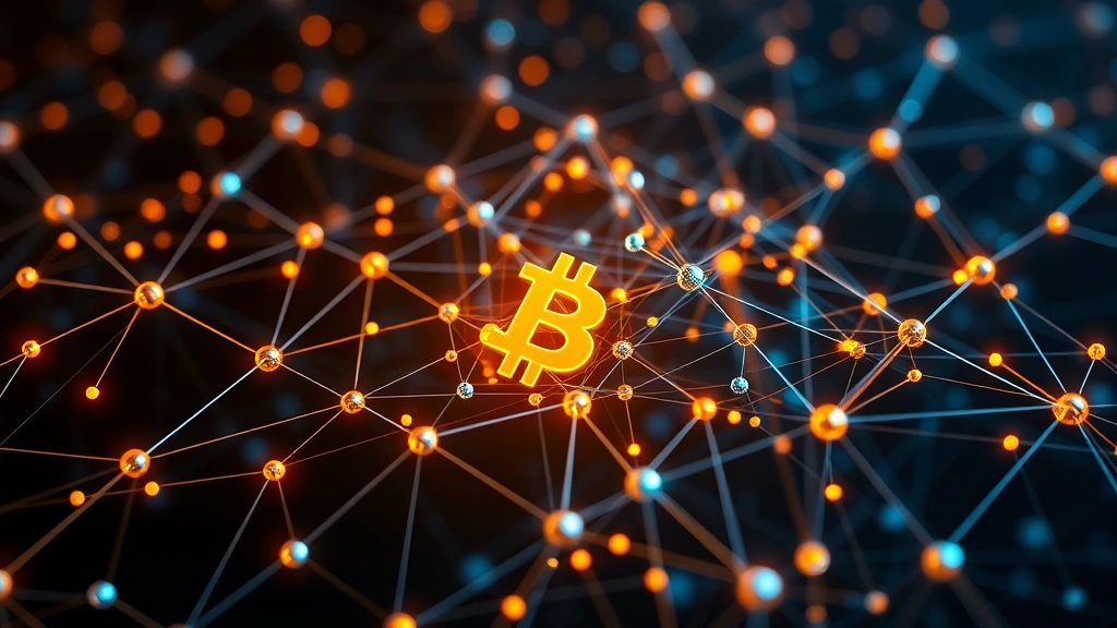 Detailed shot of blockchain network visualization showing interconnected nodes and data flows representing Bitcoin's distributed network infrastructure in three-dimensional digital space