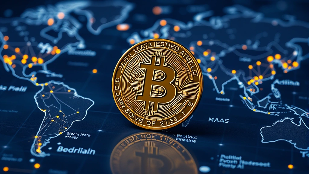A physical Bitcoin coin positioned on a world map with glowing network nodes connecting major financial cities, representing global adoption and institutional money flows, photorealistic lighting