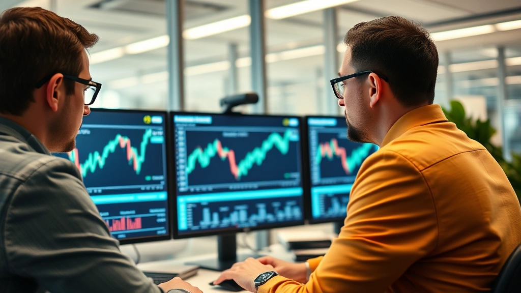 Institutional investors in modern office setting viewing cryptocurrency market data on screens, symbolizing professional adoption of digital assets