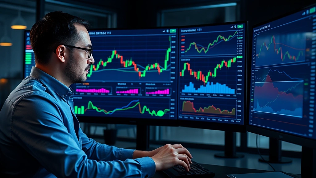 Professional financial analyst reviewing Bitcoin market data on a digital dashboard with price charts, technical indicators, and market analytics displayed on modern technology setup