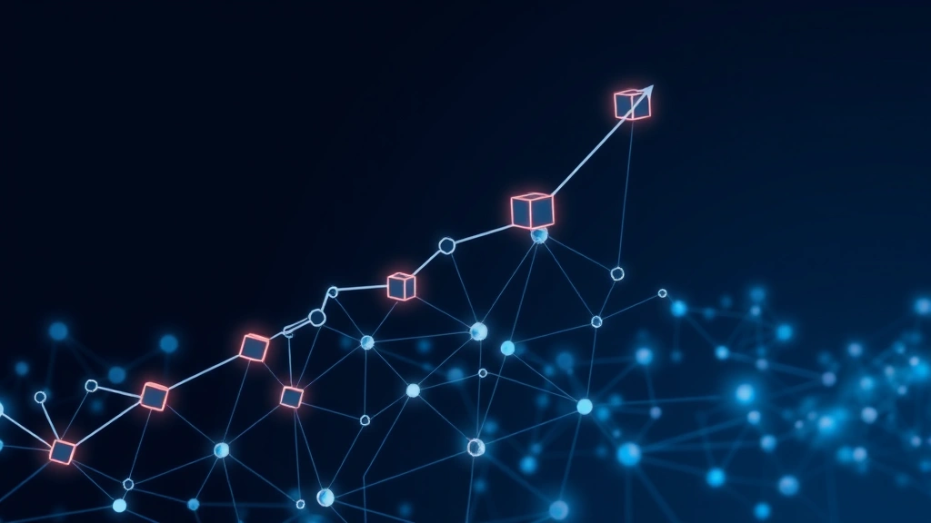 An abstract visualization of blockchain technology with interconnected blocks and nodes forming an ascending trend, symbolizing growth potential and decentralized financial infrastructure, clean modern design