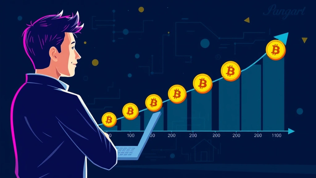 A digital illustration of a person making consistent monthly Bitcoin investments shown as a timeline graph, with Bitcoin coins appearing at regular intervals on an ascending trend line
