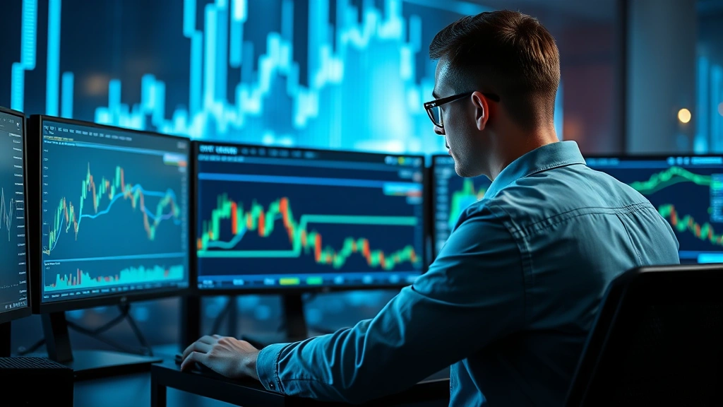 Photorealistic image of cryptocurrency trader analyzing Bitcoin charts on multiple monitors in a modern trading desk setup with blue and green holographic price movements in the background, no text or numbers visible