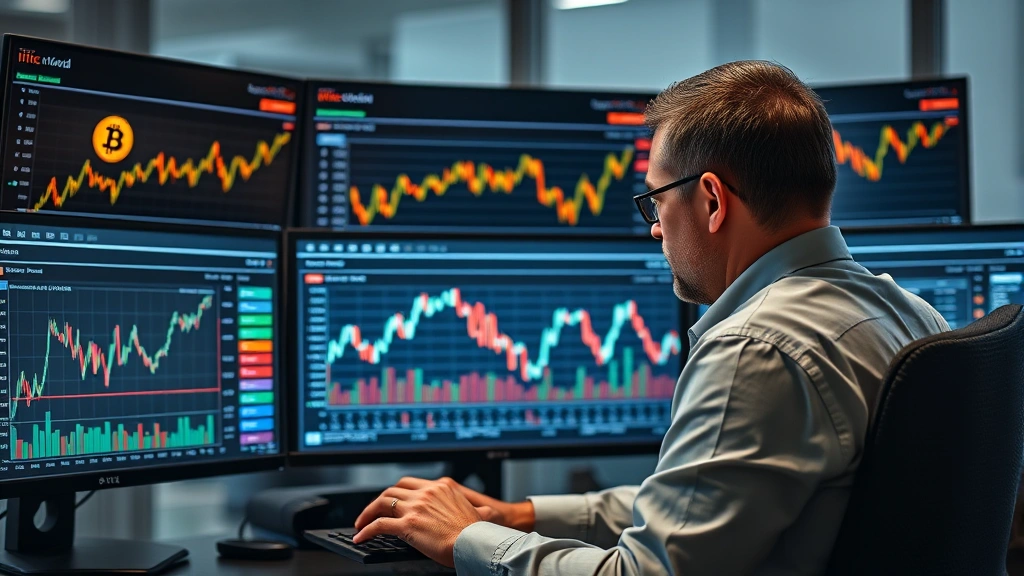 Photorealistic image of a modern cryptocurrency investor reviewing portfolio performance on multiple screens showing Bitcoin price charts and accumulated holdings over time