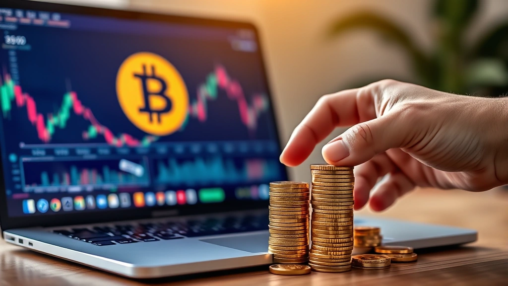 Photorealistic photograph of a person's hand stacking gold and silver coins on a wooden table with a laptop displaying a Bitcoin symbol in soft focus background, warm lighting, no charts or text