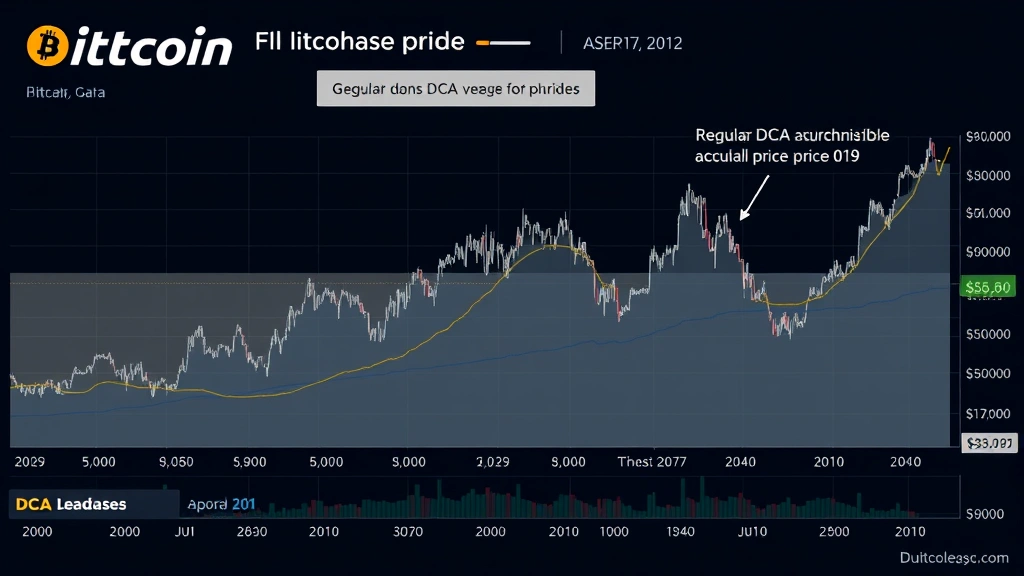 A visual representation of Bitcoin's volatile price history with overlay showing how regular DCA purchases accumulate at varying price points, demonstrating the averaging effect in action