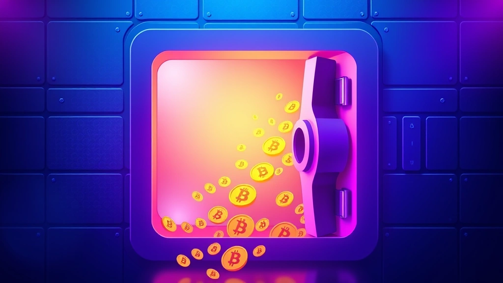 Photorealistic image of a digital wallet interface concept with flowing streams of Bitcoin symbols descending into a secure vault, abstract blue and purple gradient lighting, completely text-free design