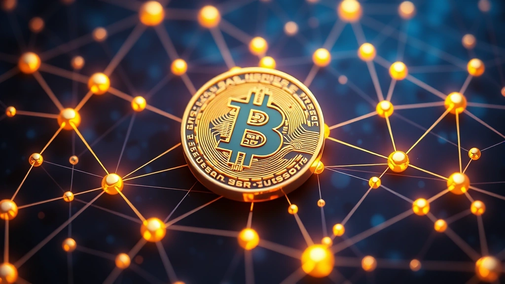 Digital representation of Bitcoin cryptocurrency coin surrounded by glowing blockchain network nodes and connections, modern fintech aesthetic, deep blue and gold color scheme, no text or labels, photorealistic 3D rendering
