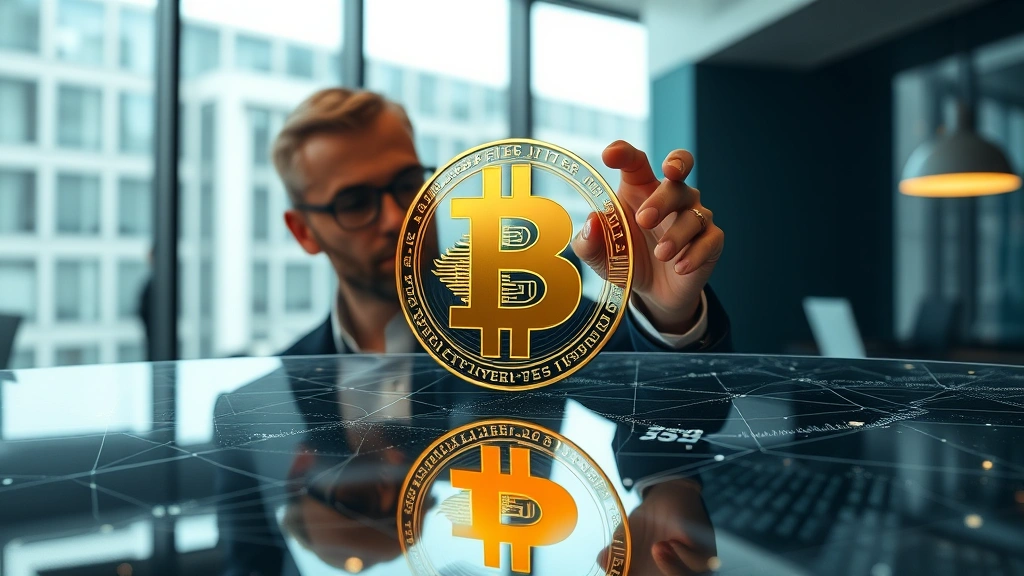 Institutional investor analyzing blockchain technology on transparent glass surface with holographic Bitcoin symbol, modern office environment, sophisticated financial atmosphere, cool lighting, no readable text or numbers