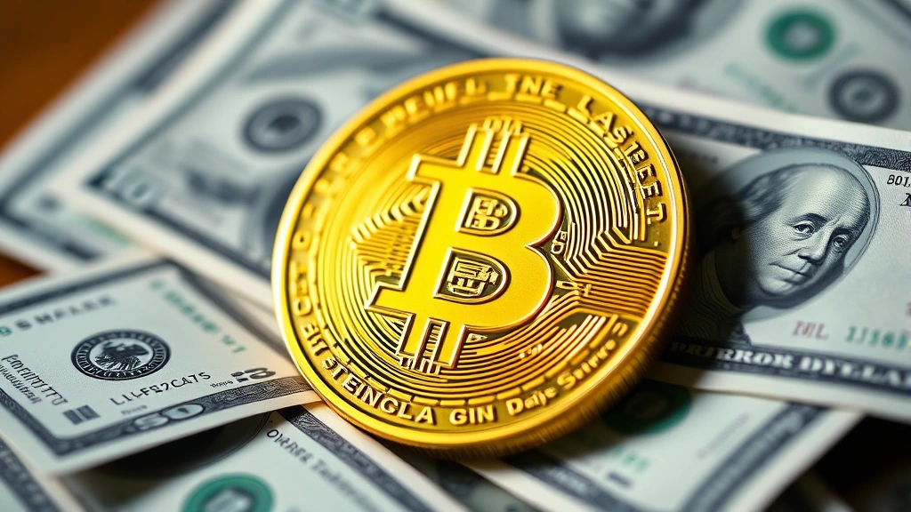 Photorealistic close-up of a glowing Bitcoin coin with US dollar bills in soft focus background, representing cryptocurrency exchange and valuation, studio lighting, no text