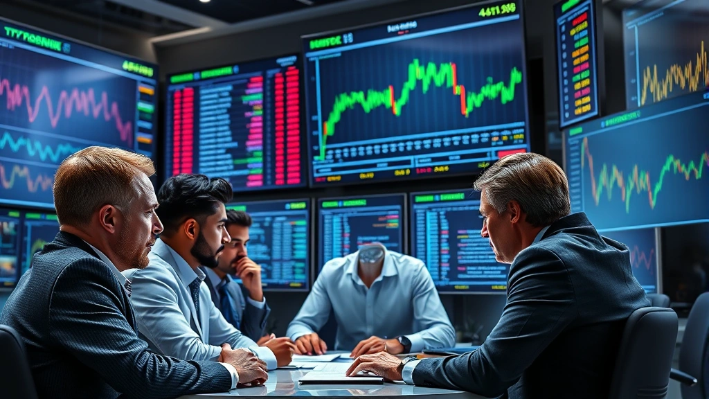 Photorealistic image of a diverse group of institutional investors reviewing cryptocurrency market data on large display screens in a professional trading environment, focused expressions, no charts or tickers visible