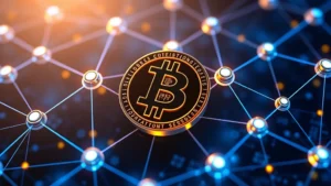 Futuristic digital visualization showing interconnected blockchain nodes with Bitcoin logo prominently featured in center, glowing blue and gold colors, representing market dominance and cryptocurrency network structure, photorealistic 3D rendering