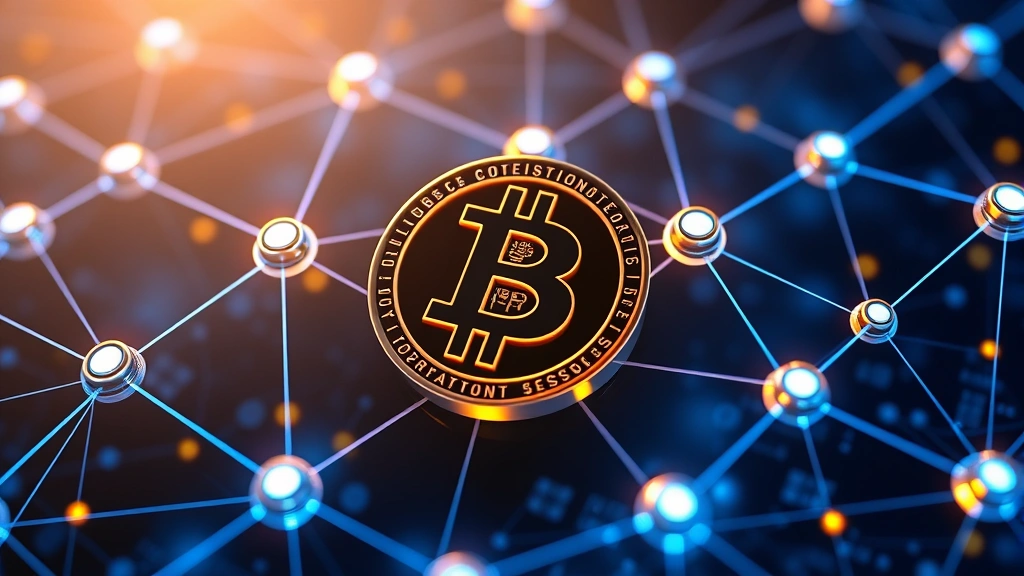 Futuristic digital visualization showing interconnected blockchain nodes with Bitcoin logo prominently featured in center, glowing blue and gold colors, representing market dominance and cryptocurrency network structure, photorealistic 3D rendering