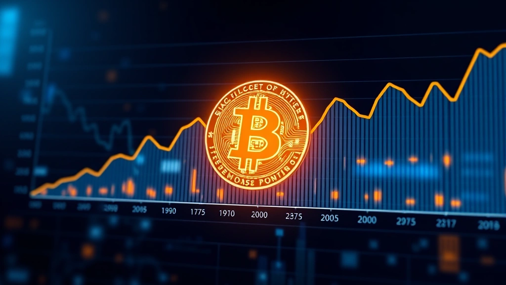 Digital representation of Bitcoin dominance chart showing percentage trends over time with upward and downward movements, cryptocurrency market data visualization with glowing Bitcoin symbol in center