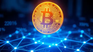 Close-up of a digital Bitcoin hologram floating above a glowing blockchain network, with percentages and market data flowing around it in blue light, photorealistic style, high-tech aesthetic